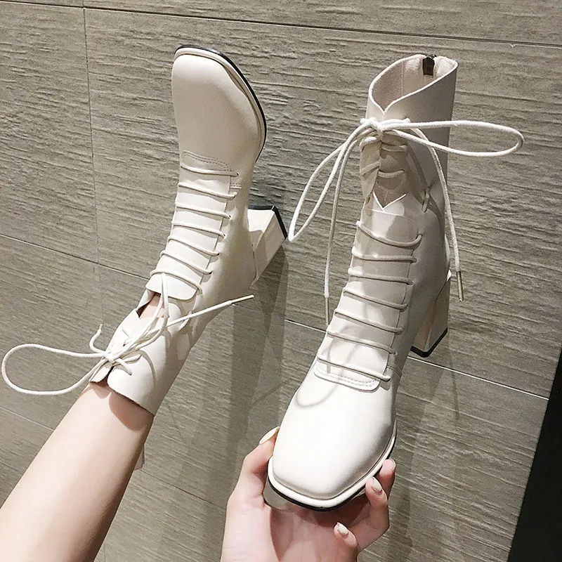 Spring Women White Boots Autumn Fashion Black Leather Platform Classy Combat Mid-Calf Boots