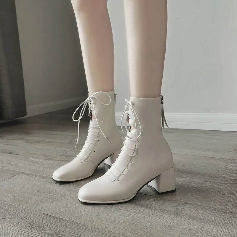 Spring Women White Boots Autumn Fashion Black Leather Platform Classy Combat Mid-Calf Boots