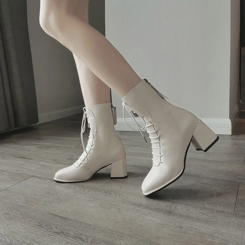 Spring Women White Boots Autumn Fashion Black Leather Platform Classy Combat Mid-Calf Boots