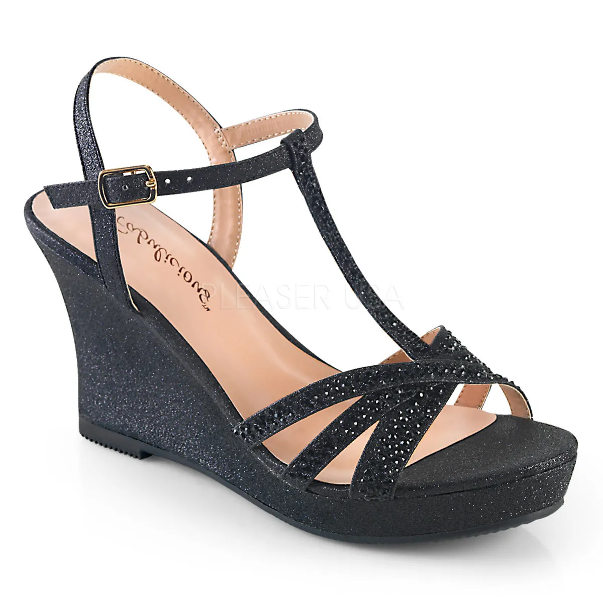 T-Strap Wedge Heel Platform Black Sandals