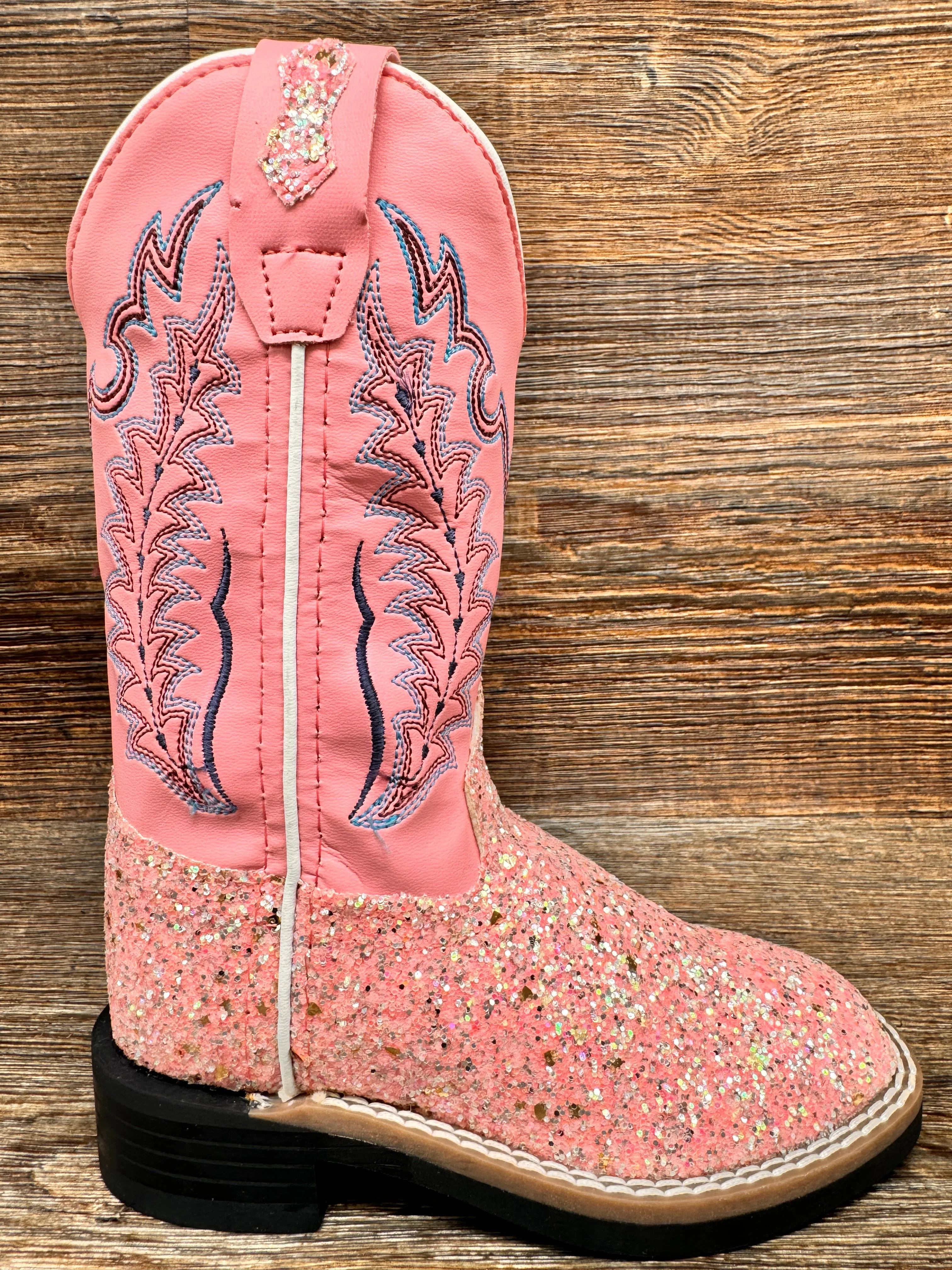 VB9185 Girl's Pink Glitter Square Toe Western Boots by Old West