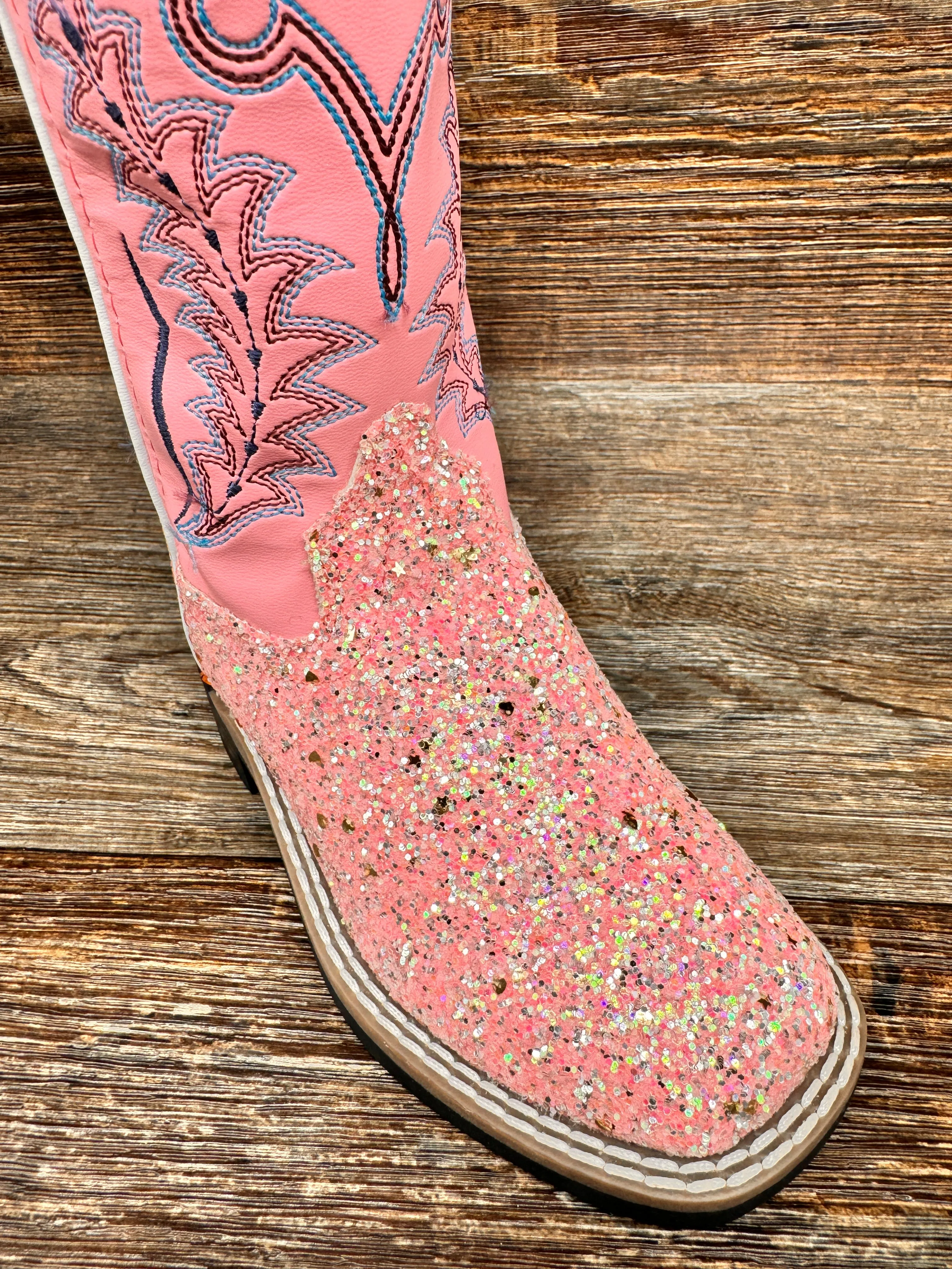 VB9185 Girl's Pink Glitter Square Toe Western Boots by Old West