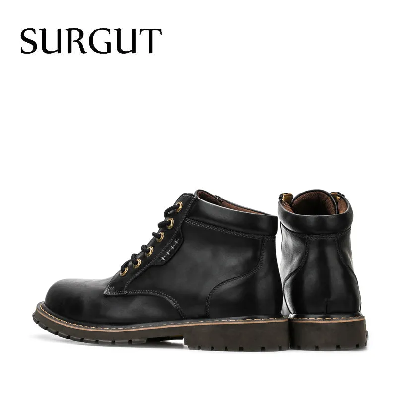 Vintage Men Lace-Up Autumn Winter Cow Split Leather Boots Men Waterproof Work Tooling Casual Ankle Men Boots