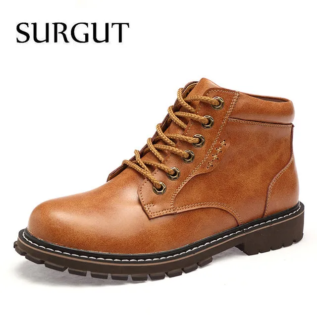 Vintage Men Lace-Up Autumn Winter Cow Split Leather Boots Men Waterproof Work Tooling Casual Ankle Men Boots