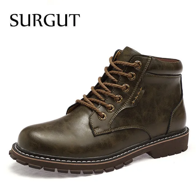 Vintage Men Lace-Up Autumn Winter Cow Split Leather Boots Men Waterproof Work Tooling Casual Ankle Men Boots