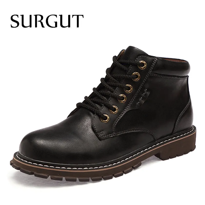 Vintage Men Lace-Up Autumn Winter Cow Split Leather Boots Men Waterproof Work Tooling Casual Ankle Men Boots