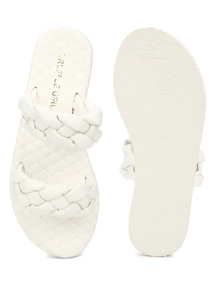 White PU Braided Strap Slides