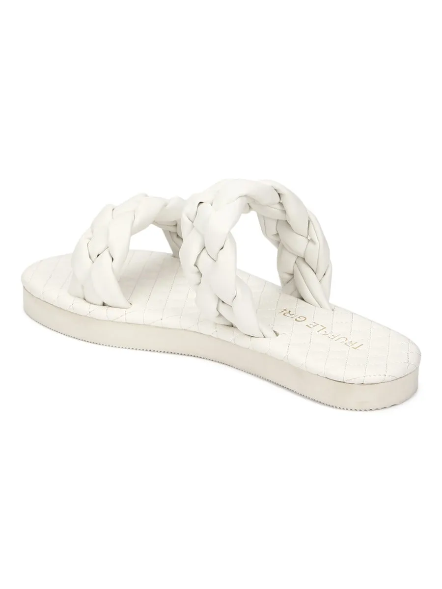 White PU Braided Strap Slides