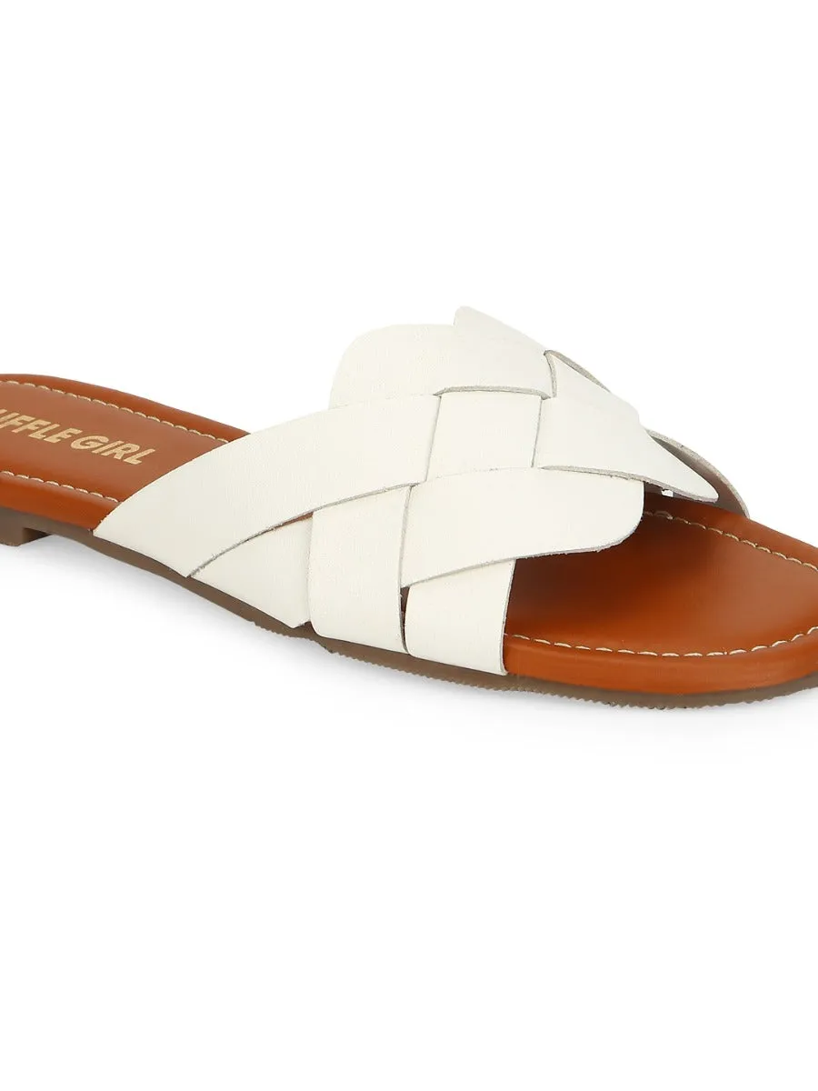 White PU Woven Strap Slip Ons