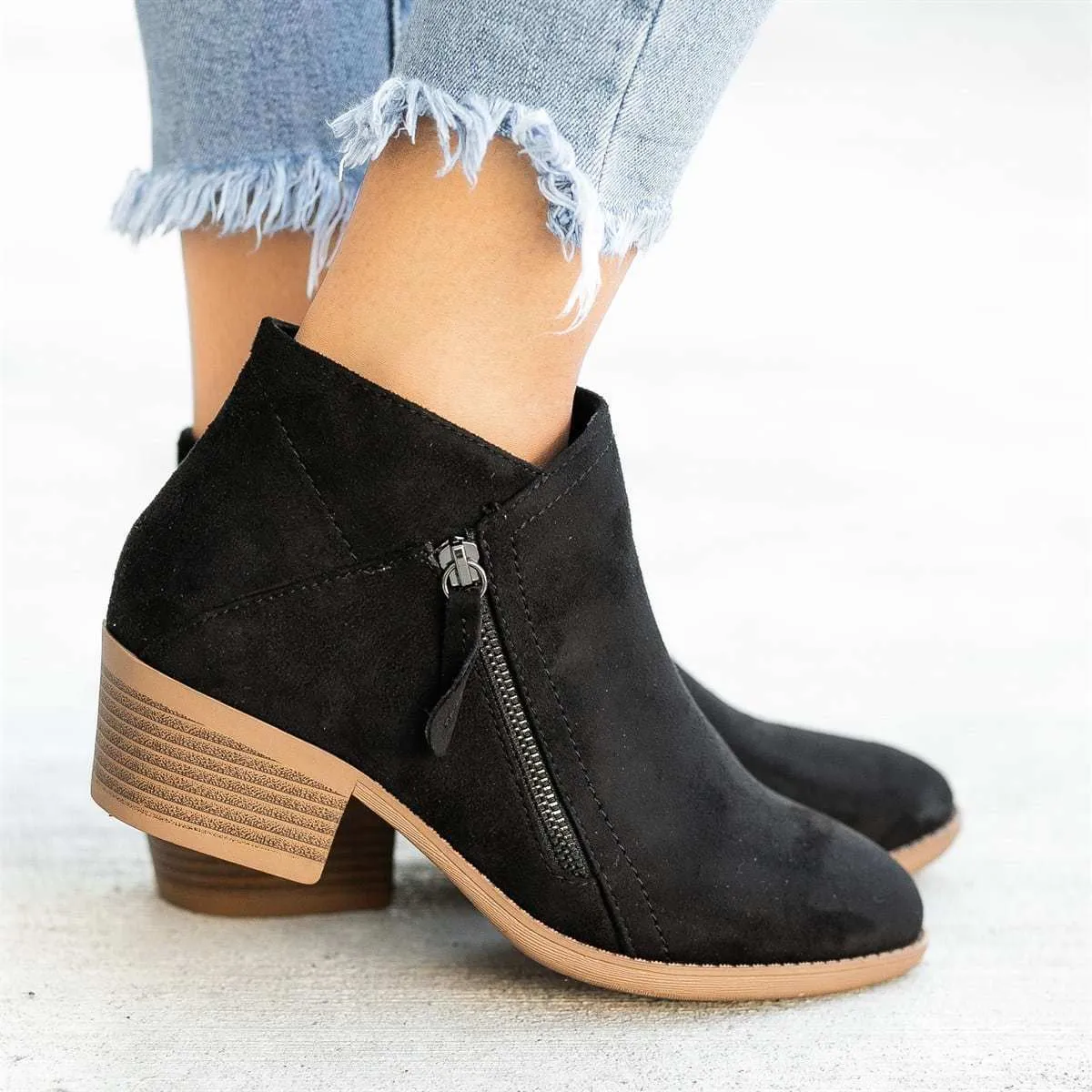 Women Side Zipper Boots Fashion Suede Low Heel Shoes