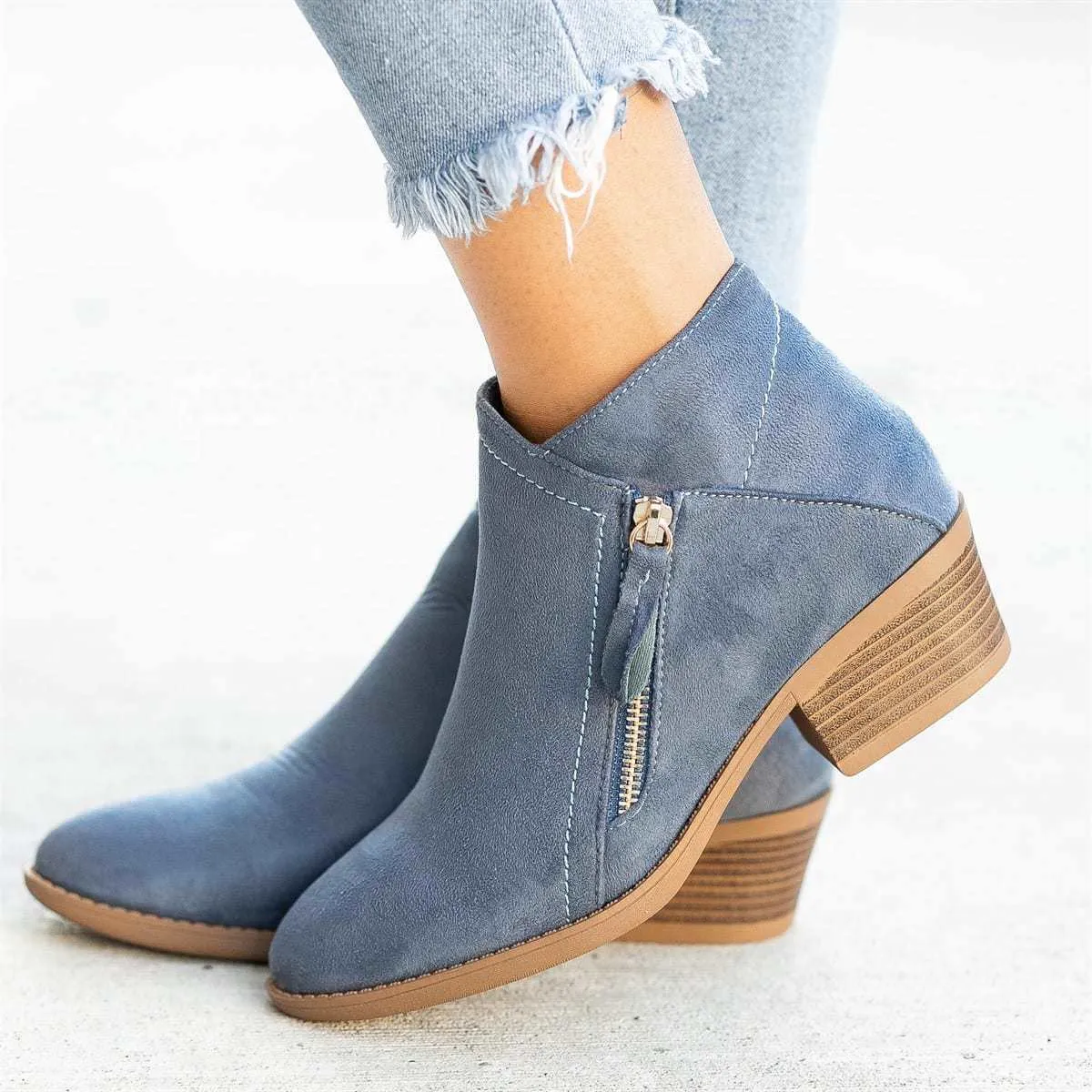 Women Side Zipper Boots Fashion Suede Low Heel Shoes