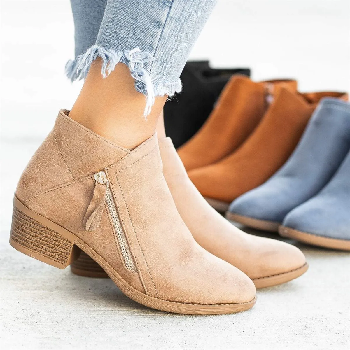 Women Side Zipper Boots Fashion Suede Low Heel Shoes