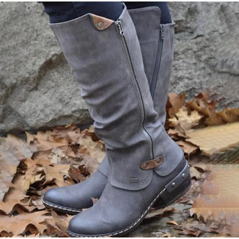 Women's Mid Calf Boots Vintage British PU Leather Shoes