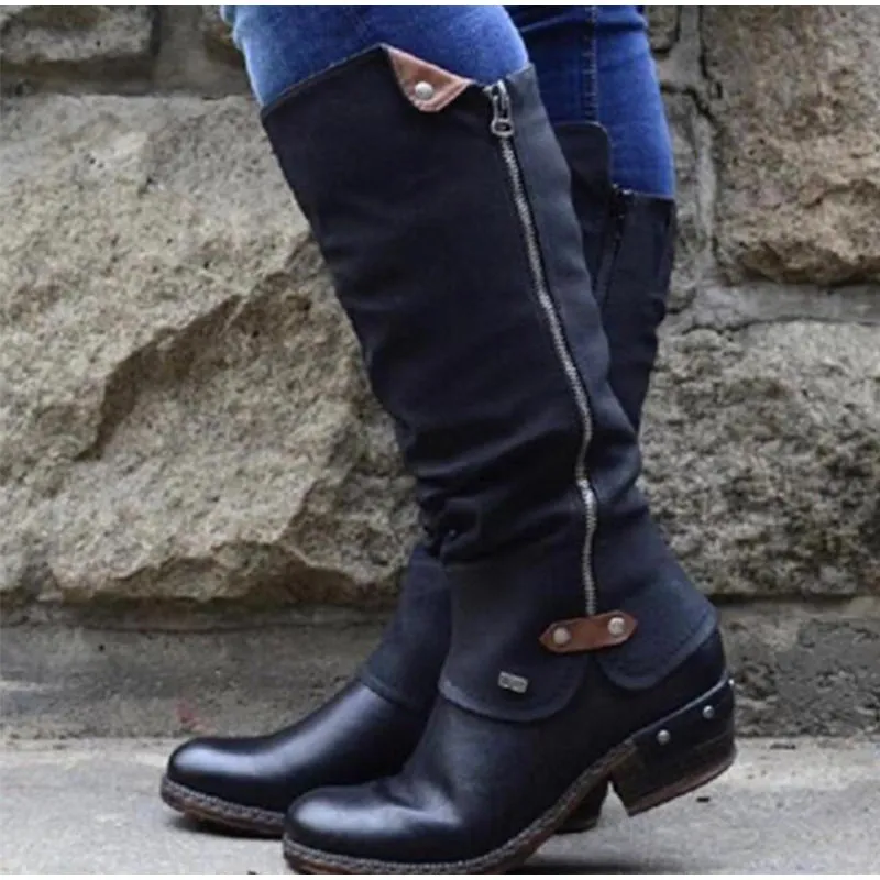 Women's Mid Calf Boots Vintage British PU Leather Shoes